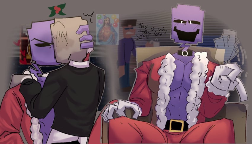 1ambiguous 1boy 2boys abs ambiguous_gender christmas christmas_outfit daddy depixelization dilf disappointed disturbed five_nights_at_freddy's five_nights_at_freddy's:_sister_location five_nights_at_freddy's_4 fnaf jacket_open jesus_christ male_focus man_boobs michael_afton mistletoe mixanprixa moobs moons muscular muscular_male pecs purple_guy purple_guy_(fnaf) purple_man religion santa_costume sitting_on_lap watched william_afton y/n