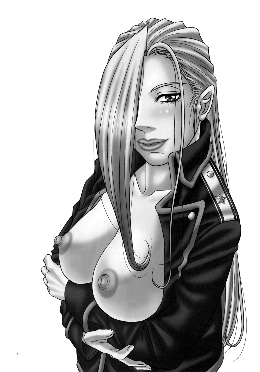 1girls areola areolae blush blushing breasts breasts_out comic doujinshi female fullmetal_alchemist hair_over_one_eye high_resolution holding_breasts_up long_hair looking_at_viewer military_uniform monochrome olivier_mira_armstrong tagme very_high_resolution waist_up