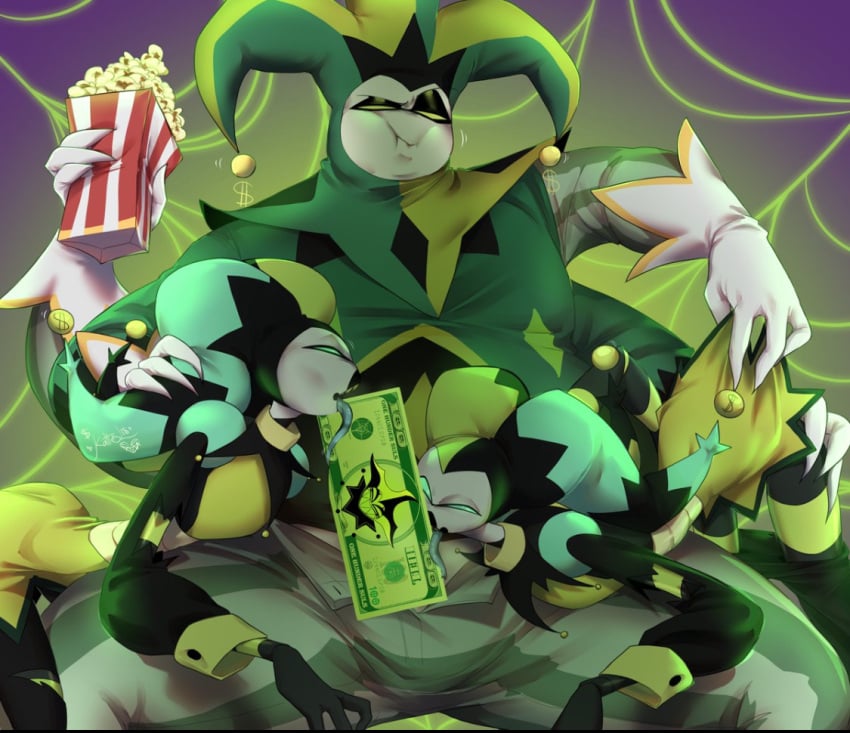 big_belly big_body big_bulge big_thighs blowjob bulge censor_bar censored_penis chubby chubby_male clothing clown clown_shirt daddy demon food fool&#039;s_hat green_eyes hat headgear headwear helluva_boss hi_res humanoid kattesl male mammon_(helluva_boss) money moobs not_furry one_male popcorn trio unzipped unzipped_pants zipper