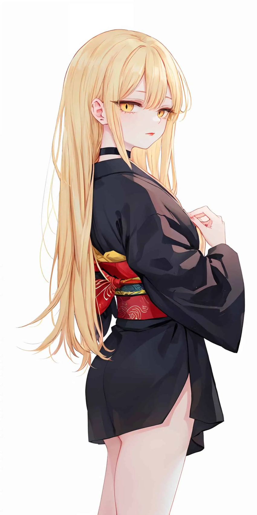 1female 1girls ai_generated artist_request blonde_female blonde_hair blonde_hair blonde_hair_female chocker choker dressed earring earrings female guideau kimono long_blonde_hair long_hair looking_at_viewer majo_to_yajuu medium_breasts no_nude no_sex pierced_ear pierced_ears piercing piercings plain_background pose posing posing_for_the_viewer red_lips red_sash sash simple_background slit_pupils solo solo_female solo_focus solo_girl the_witch_and_the_beast white_background yellow_eyes