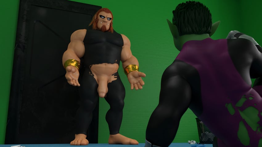 3d 3d_(artwork) balls bara beast_boy darkviperbara dc dc_comics facial_hair flaccid gay green_body green_skin male male_only mammoth_(dc) muscles muscular penis ripped_clothing teen_titans wardrobe_malfunction