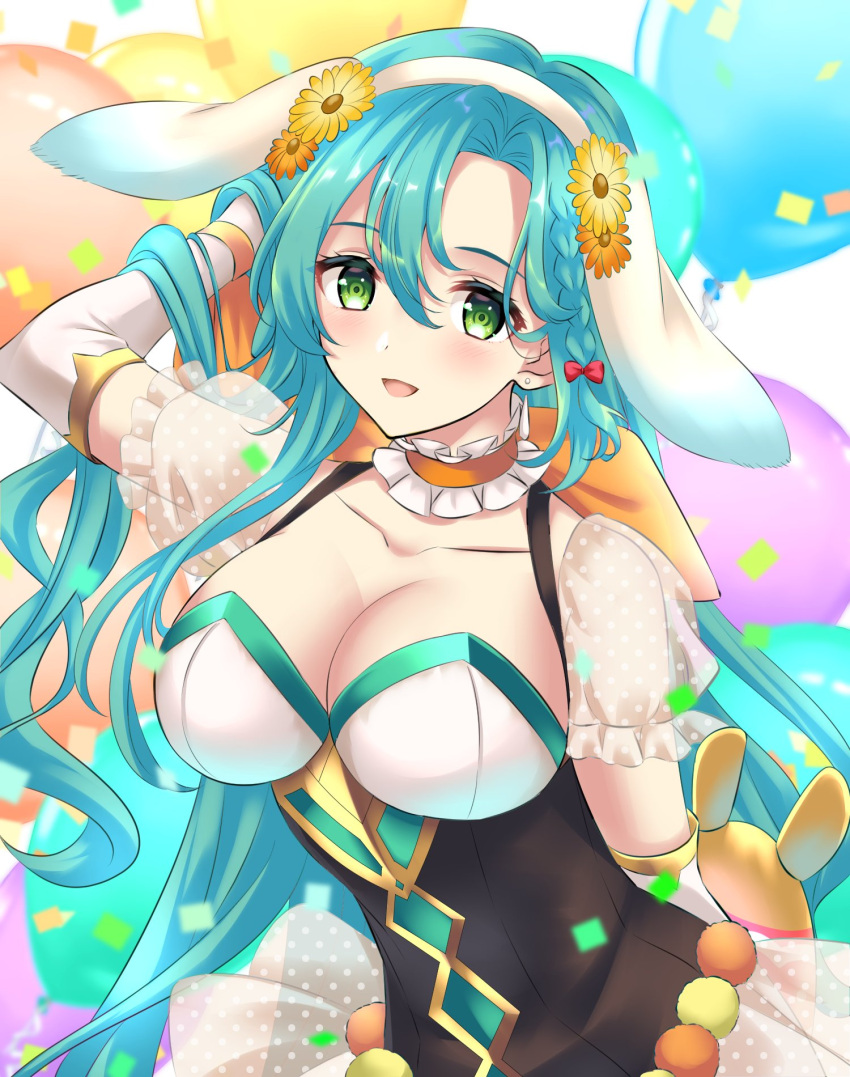 1girls alternate_costume animal_ears aqua_eyes arm_behind_head braid breasts bunny_ears bunny_girl bunnysuit chloe_(fire_emblem) chloe_(spring)_(fire_emblem) cleavage easter fake_animal_ears female female female_only fire_emblem fire_emblem_engage french_braid green_eyes highres kakiko210 large_breasts looking_at_viewer nintendo official_alternate_costume playboy_bunny rabbit_ears single_braid smile solo upper_body