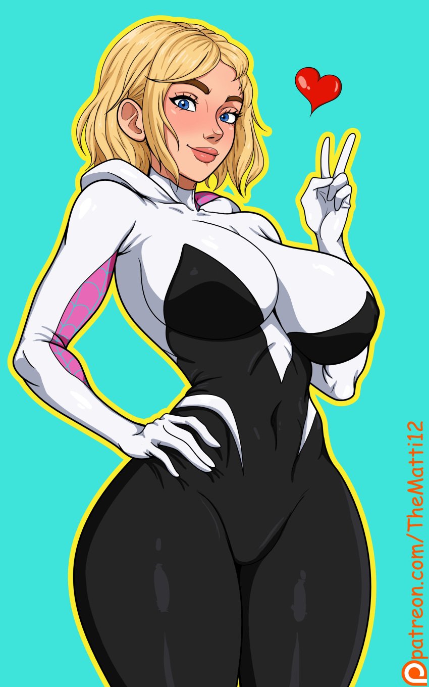 big_ass big_breasts blonde_hair blue_eyes female female_only gwen_stacy hand_on_waist marvel spider-gwen spider-man:_into_the_spider-verse spider-man_(series) standing superhero superhero_costume superheroine thematti123 thick thick_ass thick_lips thick_thighs twitter_link victory_pose wide_hips