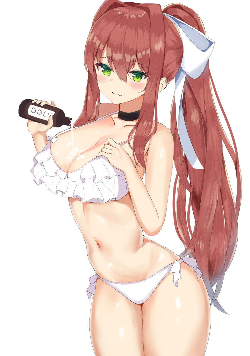 absurd_res absurdres bikini blush breasts color doki_doki_literature_club green_eyes high_heels large_breasts long_hair looking_at_viewer lotion_bottle monika_(doki_doki_literature_club) pink_hair ribbon ribbon_in_hair smile smiling_at_viewer thick_thighs upscaled white_ribbon wide_hips yon4444444