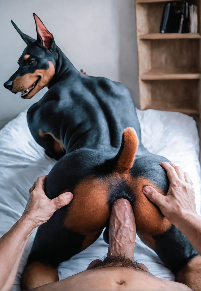 2024 ai_generated anal anal_sex anthro anus ass balls bed beefy canid canine daddy doberman dobermann domestic_dog furry gay human human_on_anthro hyperrealistic male male/male male_human/male_anthro male_only mammal manly navel nipples nude paulfluffyaligator penis photorealism photorealistic realistic sex spreading tagme yaoi