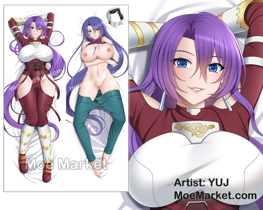 1girls amane_towa armor arthur_pencilgon bare_shoulders belt blue_eyes breastplate breasts dakimakura_(medium) earrings female highres jewelry purple_hair shangri-la_frontier solo tagme watermark