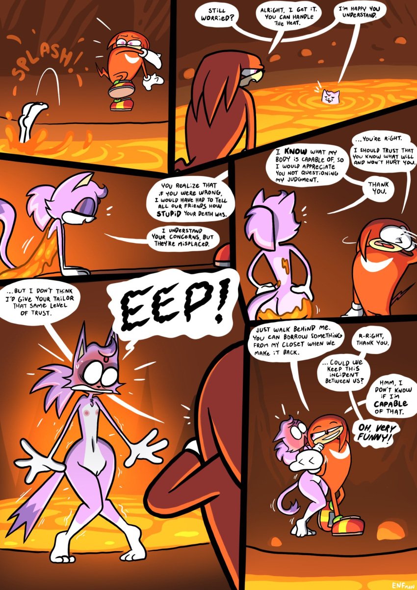 ass blaze_the_cat breasts comic embarrassed knuckles_the_echidna lava nude pussy sonic_(series) tagme theenfman