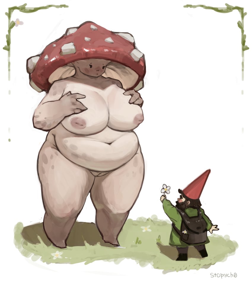 absurd_res ass backpack belly big_breasts big_butt black_backpack breasts clothing coat duo elemental_creature female fly_agaric fungi_fauna fungus genitals green_clothing green_coat green_topwear hat headgear headwear hi_res larger_female looking_at_another male mushroom mushroom_cap myconid nude plant pussy red_clothing red_hat red_headwear size_difference smaller_male solo standing stopych topwear