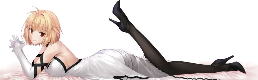 arcueid_brunestud arm_ribbon bed_sheet black_footwear black_pantyhose black_ribbon blonde_hair blood breasts closed_mouth elbow_gloves female from_side full_body gloves hair_intakes high_heels jacket kochipu large_breasts layered_skirt leg_up lying melty on_stomach pantyhose red_eyes ribbon see-through see-through_shirt short_hair sideboob skirt sleeveless sleeveless_jacket smile solo tsukihime tsukihime_(remake) white_gloves white_jacket