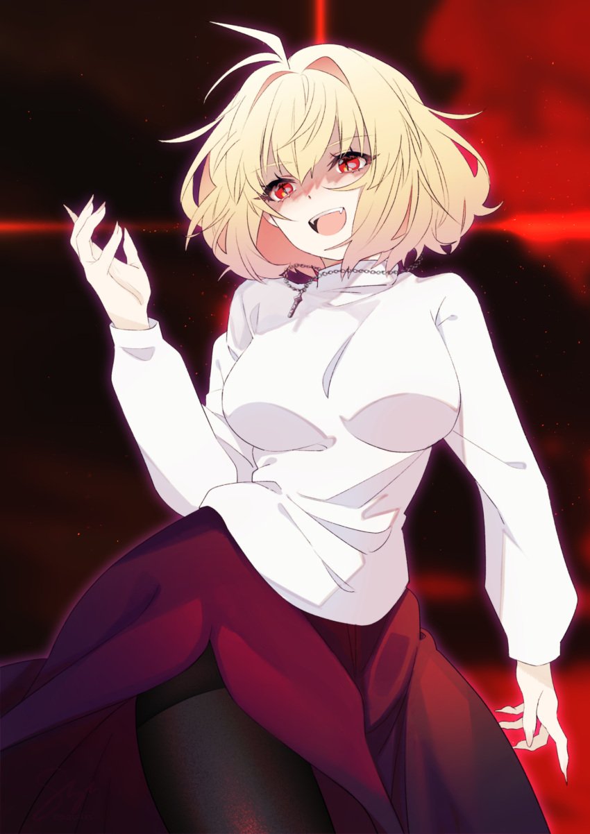 ahoge antenna_hair arcueid_brunestud black_pantyhose blonde_hair breasts dark_persona fangs female fingernails hair_intakes highres impossible_clothes impossible_sweater large_breasts long_fingernails long_skirt long_sleeves melty_blood melty_blood:_type_lumina oerba_yun_fang open_mouth pantyhose purple_skirt red_arcueid red_clouds red_eyes sharp_fingernails short_hair skirt slit_pupils smile solo suzuakks sweater tsukihime tsukihime_(remake) turtleneck vampire