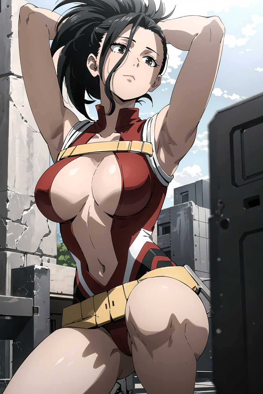 ai_generated arms_above_head big_breasts boku_no_hero_academia curvaceous momo_yaoyorozu my_hero_academia yaoyorozu_momo yaoyorozu_momo_(hero_outfit)