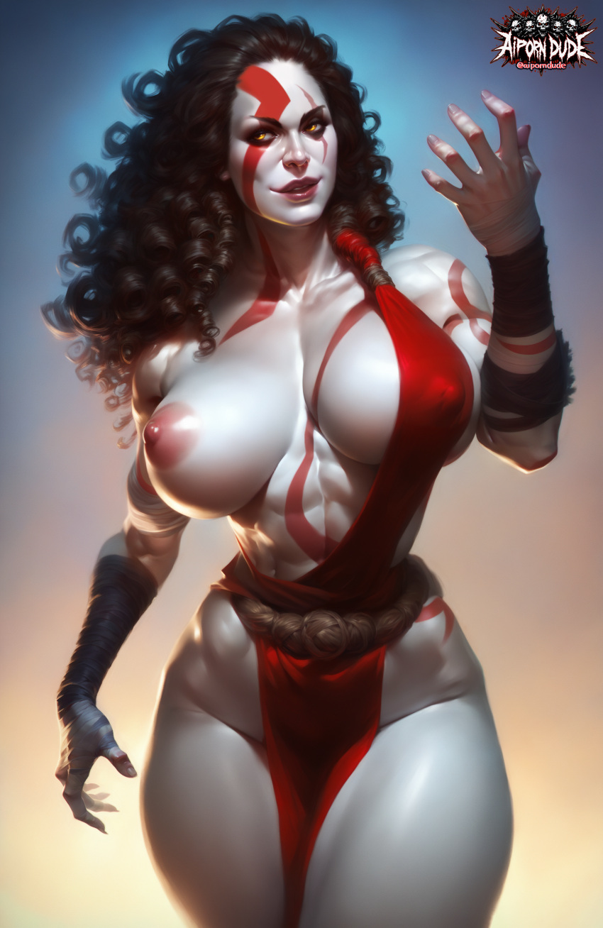 abs ai_generated aiporndude bandage belt breasts breasts_bigger_than_head breasts_out collarbone curly_hair curvaceous curves curvy curvy_body curvy_female curvy_figure curvy_hips curvy_thighs genderswap_(mtf) god_of_war huge_breasts kratos kratos_(female) large_breasts lips long_hair makeup muscular muscular_female nipple_bulge nipples nipples_visible_through_clothing one_breast_out pelvic_curtain pose puffy_nipples rule_63 scar scar_across_eye smug smug_face smug_grin tattoo tattoos thick thick_legs thick_lips thick_thighs yellow_eyes