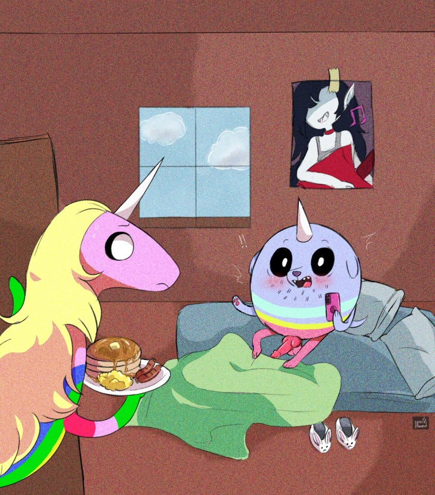 adventure_time anthro bed bedding blanket blonde_hair blush breakfast bunny_slippers canid canine canis cartoon_network cellphone clothing cloud digital_media_(artwork) domestic_dog duo egg electronics equid equine female feral food footwear fur furniture hair hi_res holding_plate horn horse hybrid lady_rainicorn male male/female mammal marceline marceline_abadeer mattress_on_floor meat mother_(lore) mother_and_child_(lore) mother_and_son_(lore) multicolored_body multicolored_fur musical_note mythological_creature mythological_equine mythology open_mouth pancake parent_(lore) parent_and_child_(lore) parent_and_son_(lore) pawpads phone pillow poster rainicorn sausage shoes slippers smartphone son_(lore) spec_almond_(artist) t.v._(adventure_time) unicorn unicorn_horn