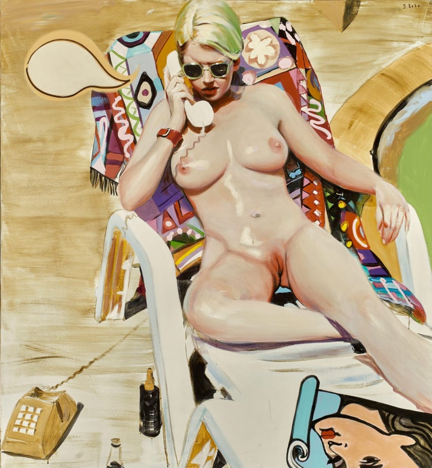 1girls 2d blonde_hair breasts completely_nude_female dieter_de_greef female female_only hi_res human light-skinned_female nipples nude original painting_(artwork) pussy sitting speech_bubble sunglasses telephone third-party_source tinted_eyewear towel vagina wristband