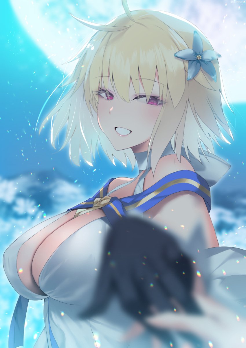 ahoge archetype_earth arcueid_brunestud backlighting bad_id bad_pixiv_id bare_shoulders black_gloves blonde_hair blue_flower blurry blurry_background blurry_foreground breasts cleavage depth_of_field detached_sleeves dress fate/grand_order fate_(series) female flower full_moon gloves grin hair_flower hair_ornament halter_dress halterneck hand_up highres holding_hands large_breasts light_blush looking_at_viewer looking_to_the_side medium_hair moon moonlight night night_sky noto_kurumi outdoors pink_eyes pov pov_hands short_hair sky sleeveless sleeveless_dress smile solo_focus teeth tsukihime twitter_username upper_body white_dress