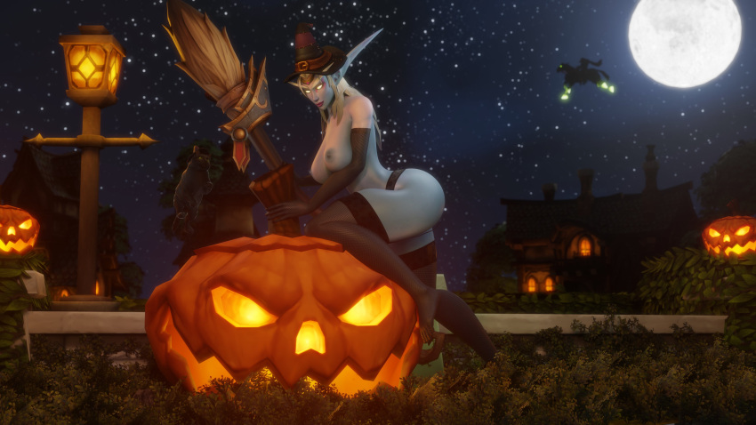 1girls 3d bent_over big_breasts blizzard_entertainment blue_skin female garter_belt garter_straps halloween jack-o&#039;-lantern morilymory night_elf pinup queen_azshara solo stockings thick_thighs voluptuous voluptuous_female warcraft white_hair wide_hips witch_hat world_of_warcraft