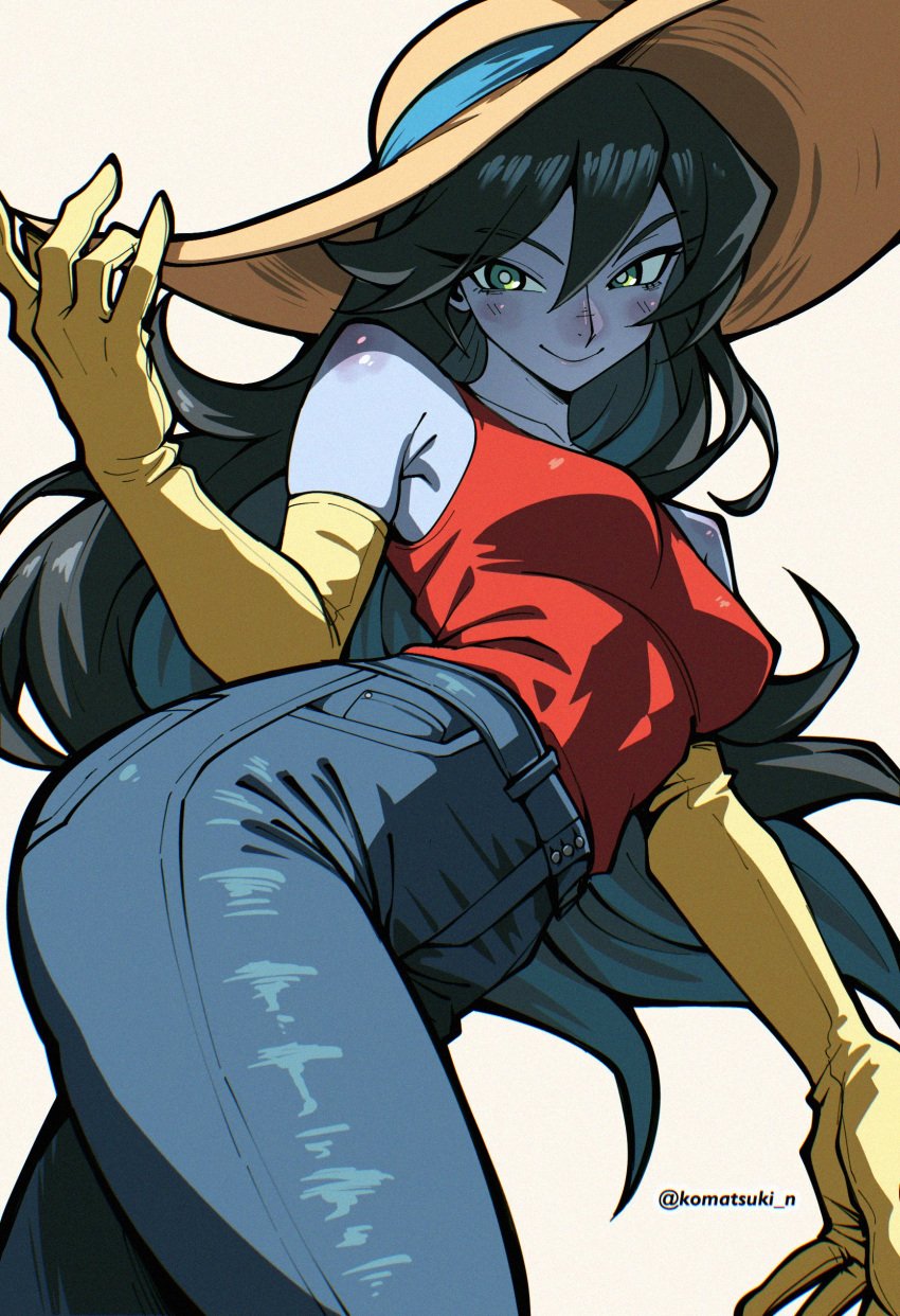 adventure_time ass black_hair blue_skin blush breasts gloves green_eyes hat headgear jeans komatsuki_n long_hair marceline pants smile tagme thick_thighs vampire vampire_girl voluptuous