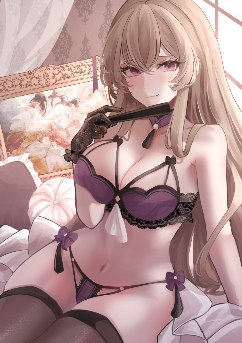 absurdres bare_shoulders blonde_hair bra breasts cleavage curtains female folding_fan gloves hand_fan highres large_breasts long_hair maka_(user_rryf2748) mature_female milf navel no_headwear panties purple_bra purple_eyes purple_panties sitting solo thighhighs touhou underwear window yakumo_yukari yukari_yakumo