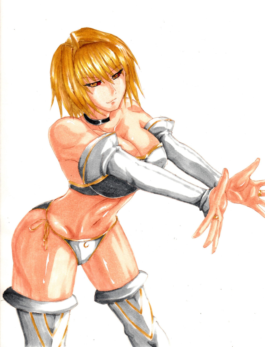 00s absurdres alternate_costume arcueid_brunestud bare_shoulders blonde_hair boots bra breasts bridal_gauntlets cleavage collar colored_sclera detached_sleeves female highres jam_(ggsol) large_breasts marker_(medium) melty_blood panties phantas-moon red_arcueid red_sclera scan short_hair side-tie_panties slit_pupils solo strapless strapless_bra thigh_boots thighhighs thighs traditional_media tsukihime underwear white_background yellow_eyes