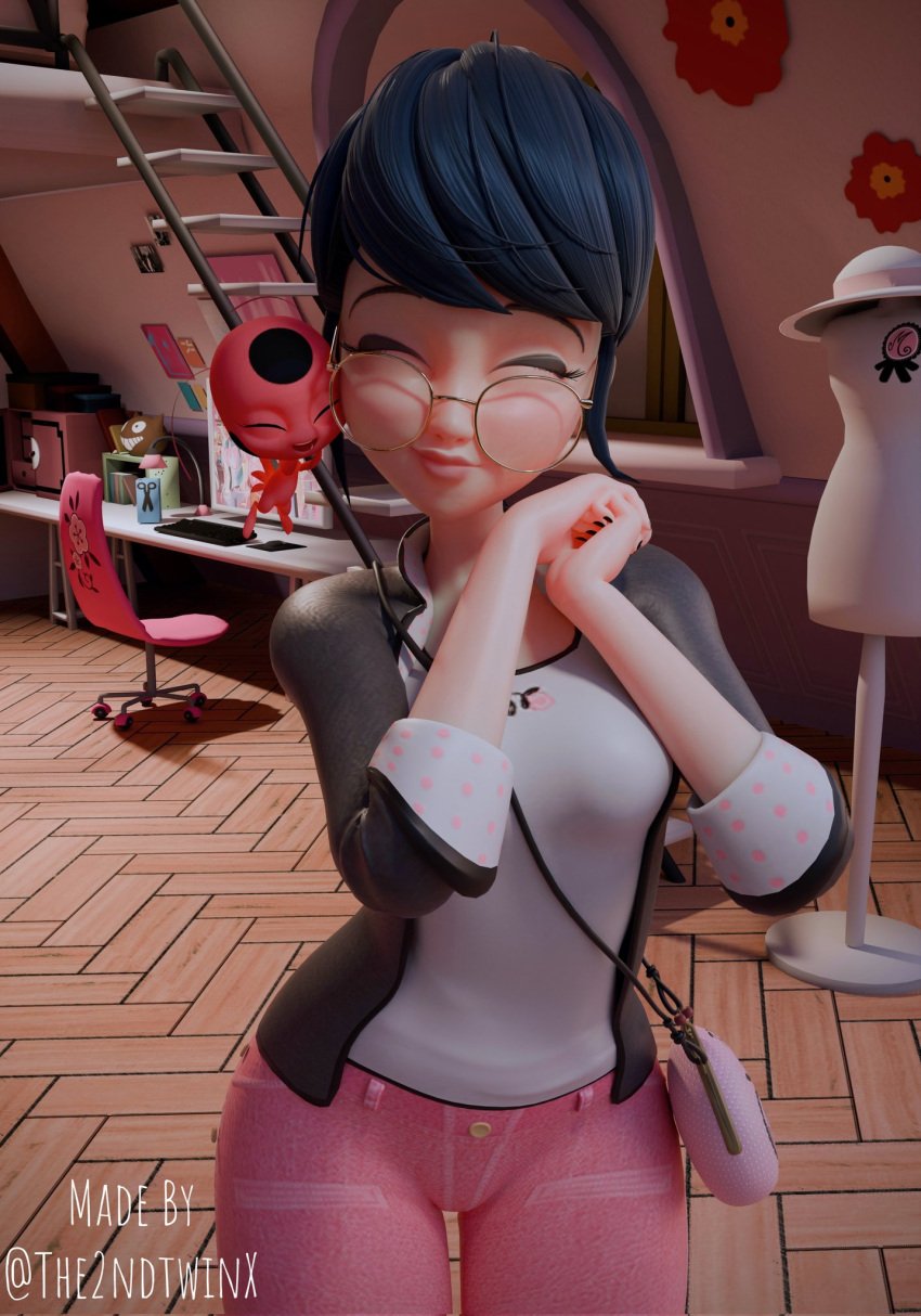 1girls 3d 3d_(artwork) artist_name blue_hair closed_eyes clothed_female dressed female female_only fully_clothed glasses kwami marinette_dupain-cheng miraculous:_tales_of_ladybug_and_cat_noir miraculous_ladybug smile solo the2ndtwinx tikki_(miraculous_ladybug)