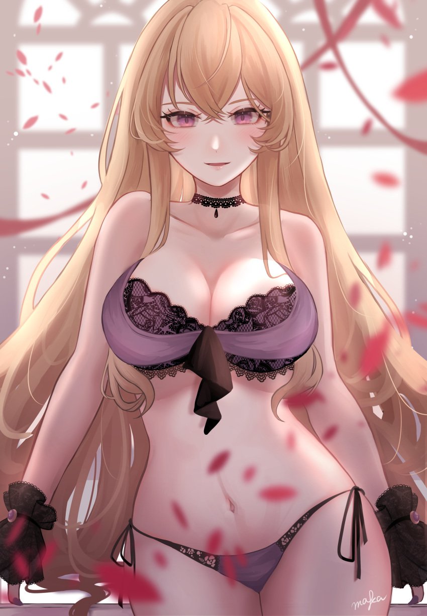 absurdres backlighting blonde_hair blurry blurry_background breasts choker contrapposto cowboy_shot falling_petals female highres indoors large_breasts long_hair maka_(user_rryf2748) mature_female milf navel panties parted_lips petals side-tie_panties smile solo touhou underwear window yakumo_yukari yukari_yakumo