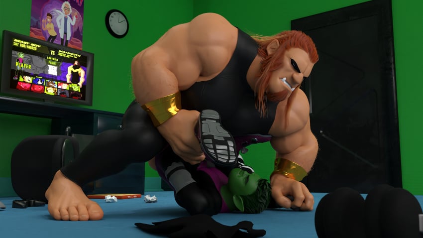 3d 3d_(artwork) anal anal_sex balls bara beast_boy closed_eyes darkviperbara dc dc_comics facial_hair gay green_body green_skin male male_only mammoth_(dc) muscles muscular muscular_male overly_muscular penis sex spread_legs teen_titans