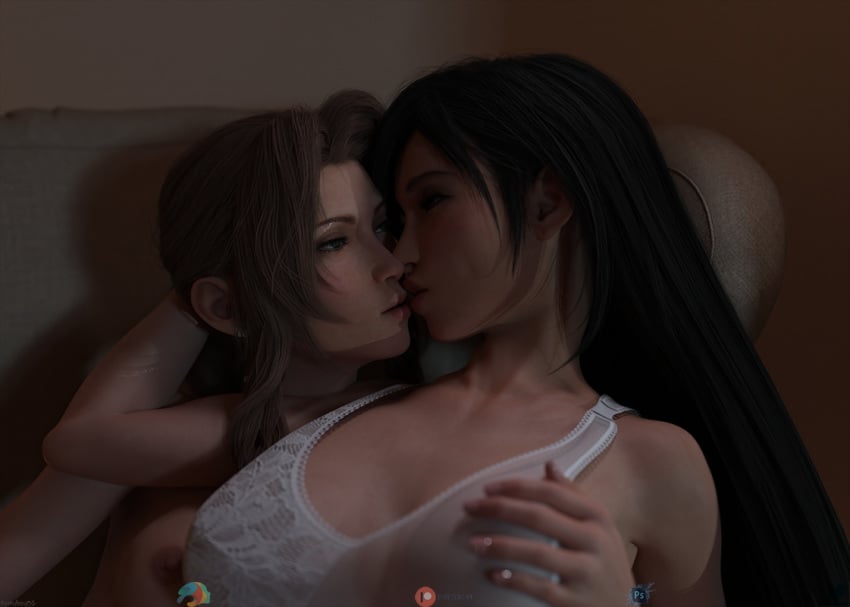 aerith_gainsborough bedroom black_hair brown_hair chair closed_eyes cuddling erotic-3d-art final_fantasy final_fantasy_vii green_eyes hand_on_head kissing lingerie long_hair red_eyes romantic tifa_lockhart tomyboy06 yuri