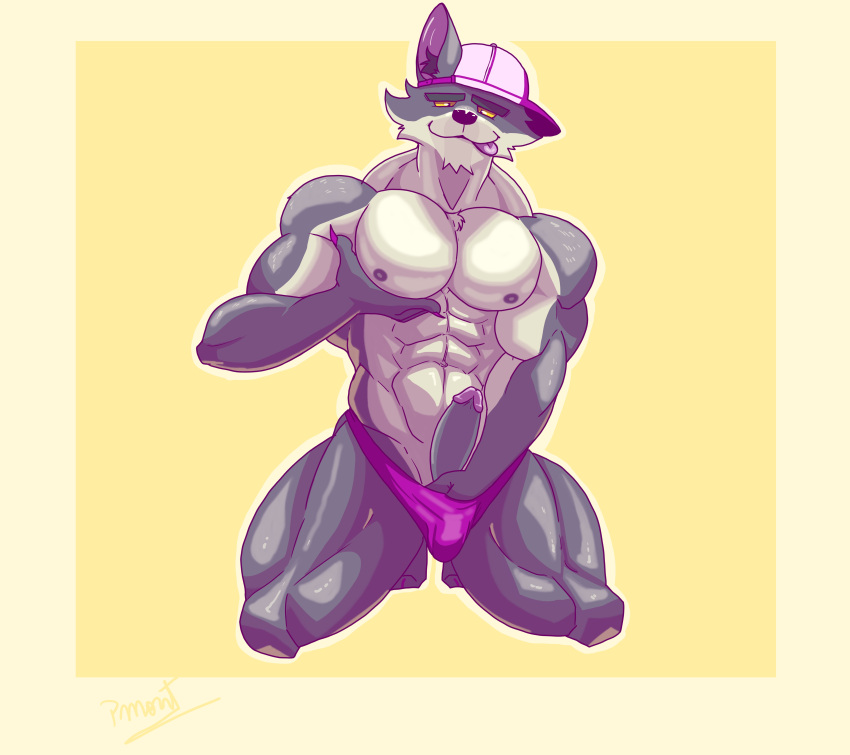 abs absurd_res anthro canid canine canis claws clothed clothing dale_donovan_(friends_vs_friends) finger_claws friends_vs_friends fur genitals grey_body grey_fur hand_on_pecs hand_on_penis hand_on_underwear hat headgear headwear hi_res kneeling looking_at_viewer male male_focus male_only mammal muscular muscular_anthro muscular_male nipples partially_clothed pecs penis pinumontbalou smile smiling_at_viewer solo toe_claws tongue tongue_out underwear wolf