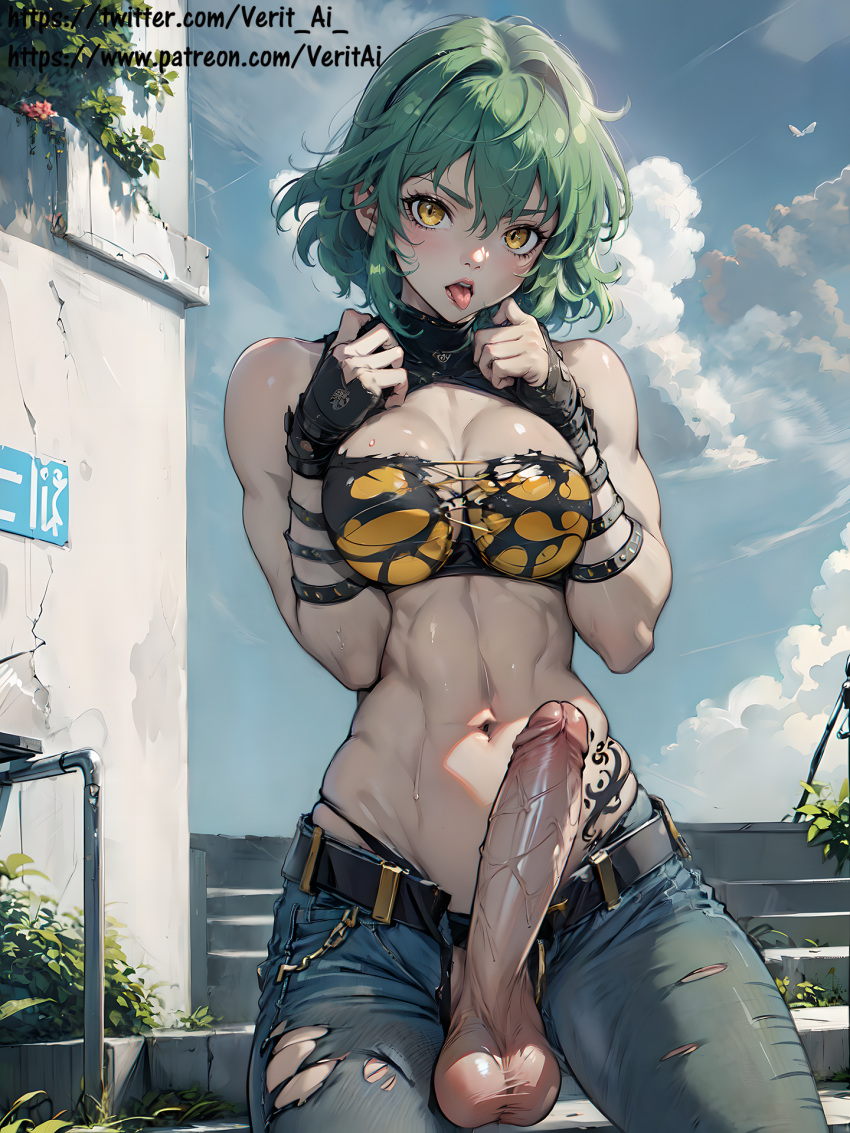 1futa ai_generated athletic athletic_futanari big_penis breast_squeeze dickgirl futa_only futanari green_hair hikage_(senran_kagura) jeans senran_kagura short_hair slit_pupils solo solo_futa stable_diffusion tattoo testicles tongue_out veritai yellow_eyes