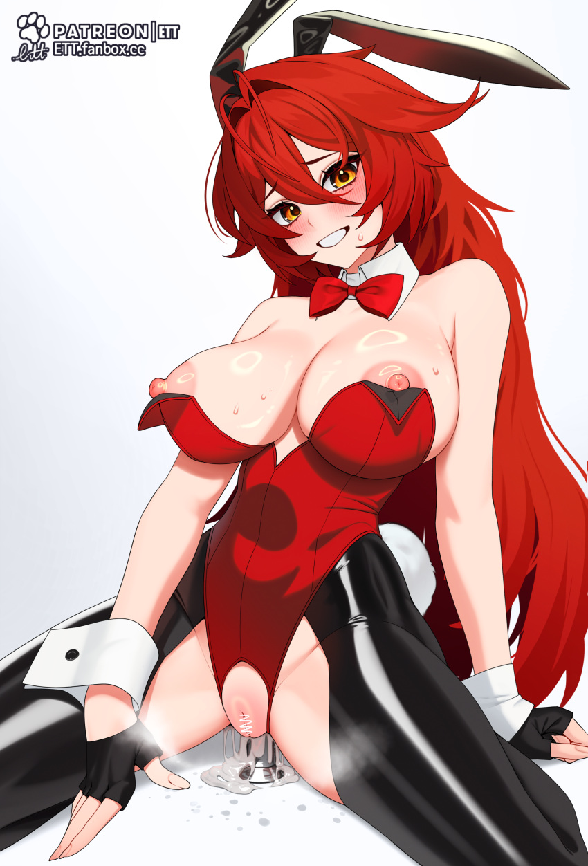 1girls absurd_res alternate_costume antenna_hair areolae artist_name bar_censor black_gloves black_leggings black_legwear blush bowtie breasts bunny_ears bunny_tail censor_bar censored crotchless_leotard detached_collar dildo erect_nipples ett fake_animal_ears fake_tail fanbox_username female fingerless_gloves goddess_of_victory:_nikke grin hair_between_eyes large_breasts latex leggings leotard long_hair looking_at_viewer masturbation nipple_slip nipples patreon_username playboy_bunny pussy pussy_juice pussy_juice_drip red_hair red_hood_(nikke) red_leotard sidelocks simple_background sitting smile solo solo_female spiky_hair spread_legs steam sweat teeth vaginal_penetration watermark white_background wrist_cuffs yellow_eyes