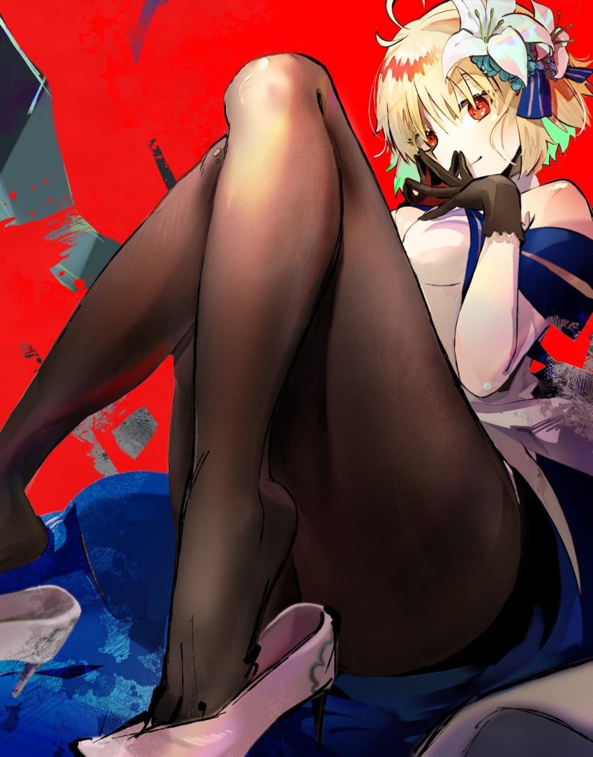 archetype_earth arcueid_brunestud black_gloves blonde_hair breasts brown_pantyhose character_request colored_inner_hair commentary_request detached_sleeves dress fate/grand_order fate_(series) female fine_fabric_emphasis flower foreshortening gloves hair_flower hair_ornament hands_up head_tilt high_heels highres iris_(tb33064667) knees_together_feet_apart legs medium_breasts medium_hair multicolored_hair pantyhose red_background red_eyes shadow shiny_clothes shoe_dangle solo steepled_fingers thighs white_dress white_sleeves