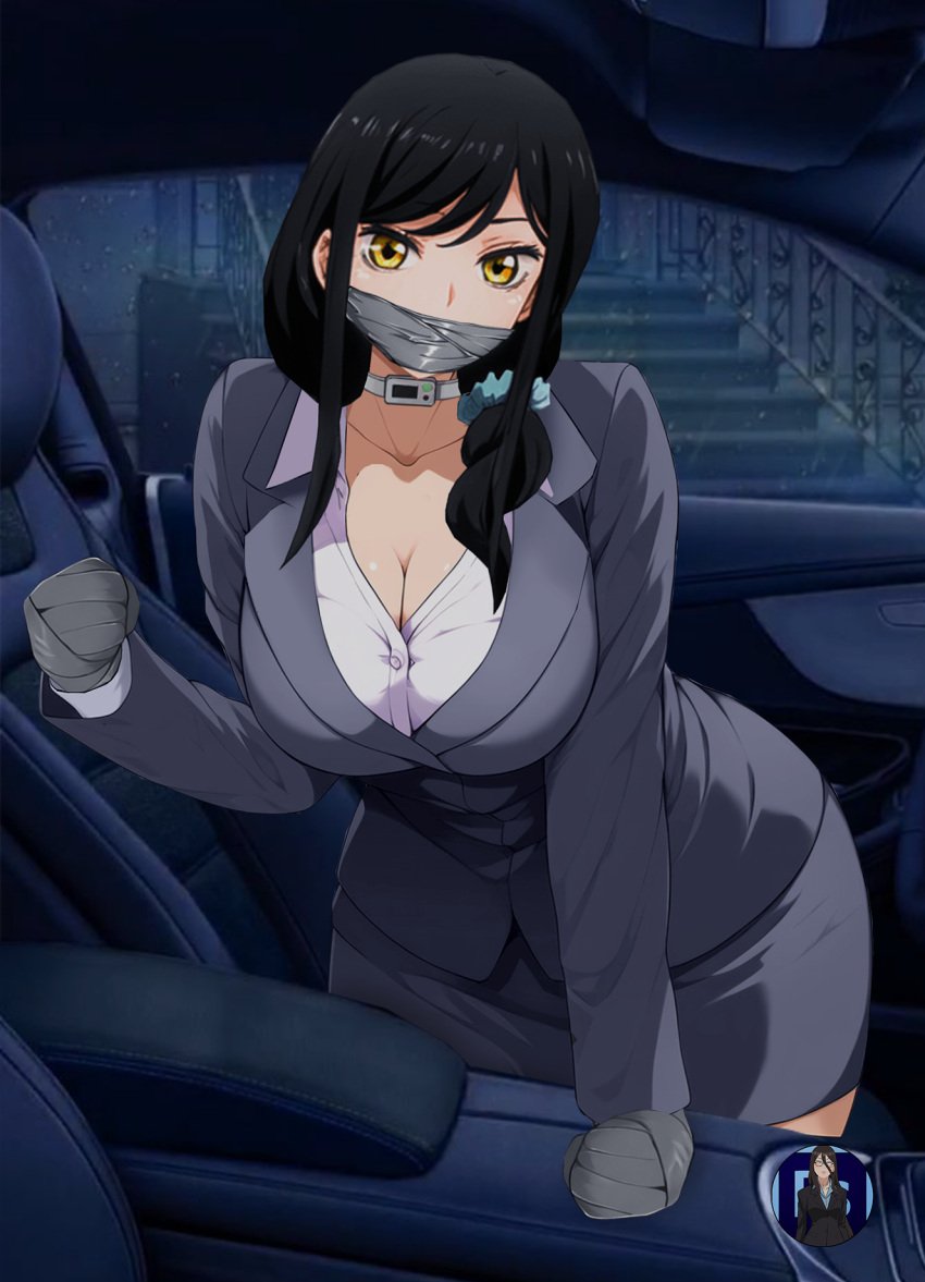 1girls big_breasts black_skirt blouse blush bondage bossbb41 bound bound_arms bound_wrists breasts business_suit business_woman collar dress_shirt female gag gagged huge_breasts kidnapped kidnapping large_breasts mieruko-chan milf mother office office_lady restrained suit tape tape_bondage tape_gag taped_mouth woman_in_suit yotsuya_touko