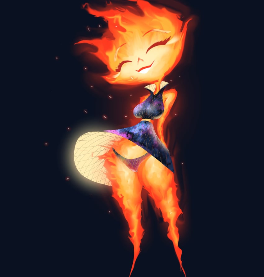 2024 absurd_res accurate_art_style breasts closed_eyed clothed clothing clothing_lift coolerinker disney elemental_(pixar) elemental_creature elemental_humanoid ember_lumen female fire fire_creature fire_humanoid happy hi_res huge_breasts humanoid inker_comics inkershike not_furry panchira panties pantsu peeping pixar shirt skirt_lift smile solo topwear underwear wind_lift