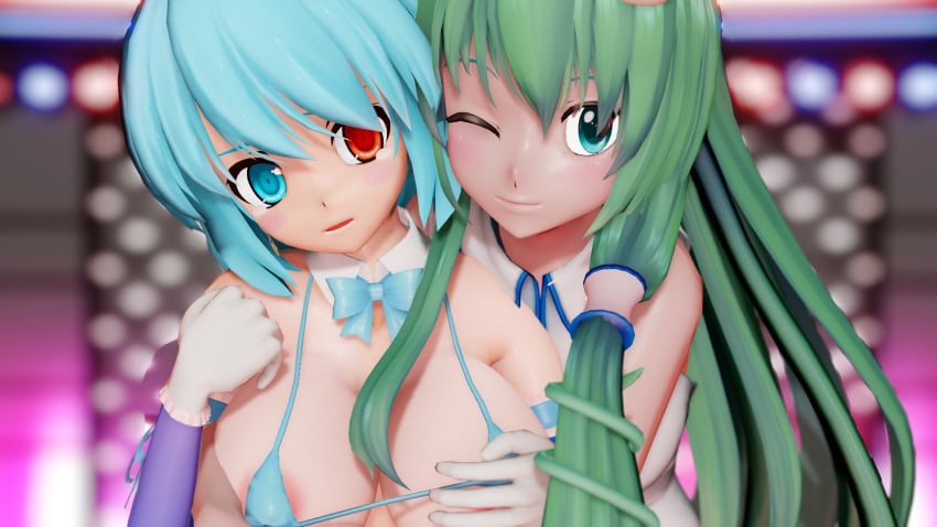 2girls 3d ;) blue_bikini blue_eyes detached_collar green_eyes green_hair grimoirexorcism heterochromia kochiya_sanae kogasa_tatara large_breasts long_hair micro_bikini mmd multiple_girls one_eye_closed red_eyes sanae_kochiya short_hair tatara_kogasa touhou upper_body