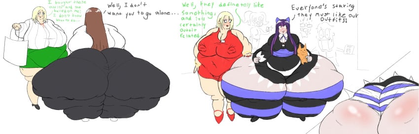 2girls bottom_heavy cosplay costume dialogue dumptruck_ass gabbadraws massive_ass massive_thighs mizuki_(gabbadraws) multiple_girls oblivious panties panty_anarchy_(cosplay) stocking_anarchy_(cosplay) thighs