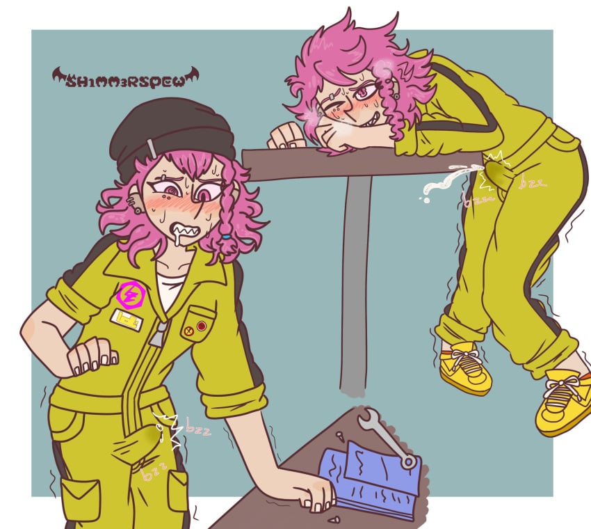 blush cum cum_in_clothes cum_in_pants danganronpa danganronpa_2:_goodbye_despair earrings embarrassed kazuichi_souda male male_only orgasm piercing sh1mm3rspew shaking skinny souda_kazuichi toony vibrator young