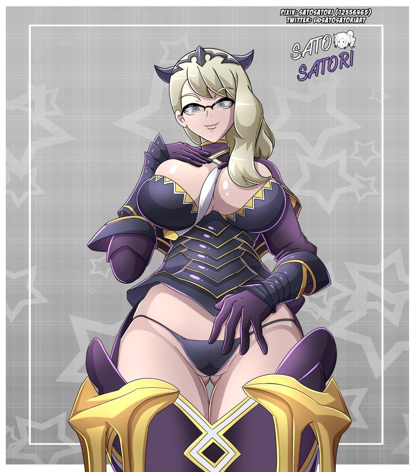 1girls ass_visible_through_thighs bare_thighs black_panties blonde_hair boots breasts camilla_(fire_emblem) camilla_(fire_emblem)_(cosplay) cleavage cosplay female female_only fire_emblem fire_emblem_fates glasses gloves grey_eyes hair_over_shoulder hand_on_own_chest horns inner_thighs large_breasts nintendo original panties satosatori smile solo thick_thighs thigh_boots thighs underwear yellow_hair