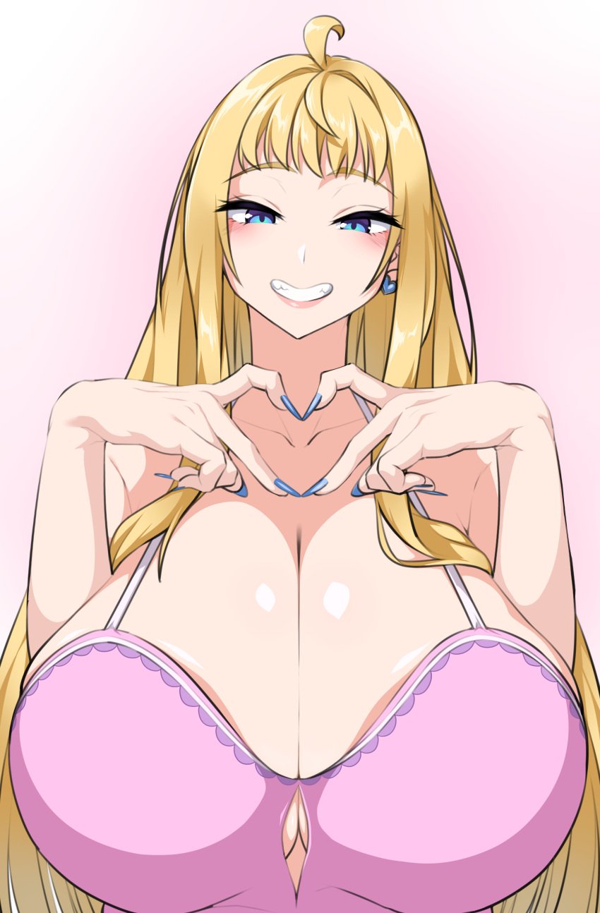 1girls ahoge big_breasts blonde_hair blue_eyes blue_nails breasts busty cleavage curvaceous curvy curvy_body curvy_female curvy_figure dosanko_gal_wa_namara_menkoi egoha. female heart_fingers huge_breasts large_breasts long_hair minami_fuyuki nails shounen_jump+ showing_teeth smile smiling voluptuous