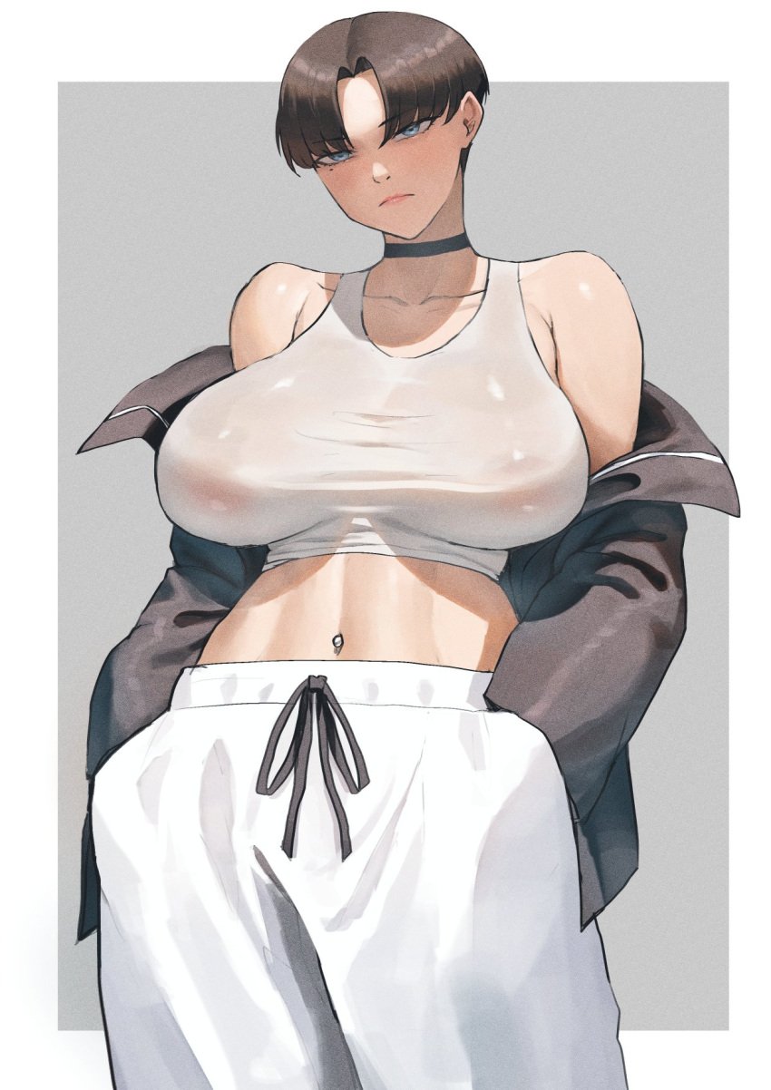 1girls anhuzart big_breasts blue_eyes breasts busty choker curvaceous curvy curvy_body curvy_female curvy_figure ethan69_(artist) female huge_breasts large_breasts original original_character short_hair sports_bra tomboy very_short_hair voluptuous