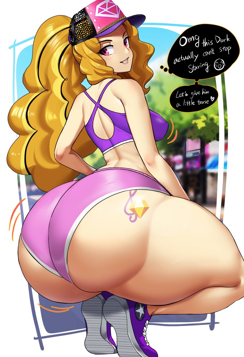 adagio_dazzle ass_bigger_than_head booty_shorts bottom_heavy bubble_butt cap cigusa english_text equestria_girls exercise_clothing fat_ass hat massive_ass my_little_pony secretly_loves_it shaking_butt short_shorts shorts showing_off showing_off_ass sportswear squatting text thick_thighs thighs_bigger_than_head twerking