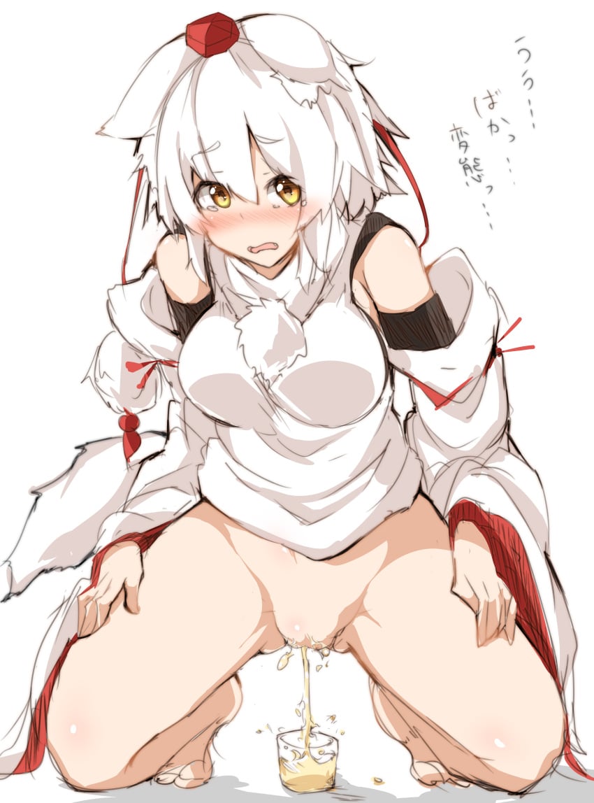 1girls container_urination female houkai_(collapse_illust) momiji_inubashiri pee_in_glass peeing peeing_in_cup sitting_pee tagme touhou urinating_female urine_in_container white_hair wolf_girl