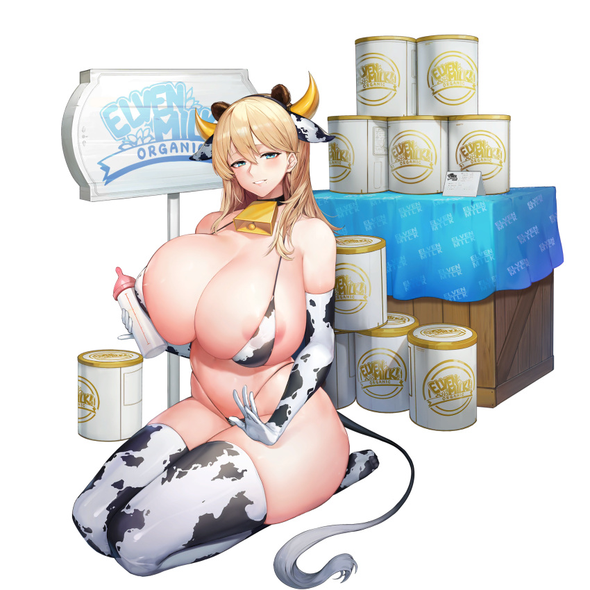 alternate_hairstyle animal_ears animal_print areola_slip areolae baby_bottle bangs bear_ears bell bikini blue_eyes bottle breasts cow_ears cow_girl cow_print cow_tail cowbell elbow_gloves english_text extra_ears female frigga_(last_origin) full_body gigantic_breasts gloves grin hair_down highres jam_(nandade) lap_pillow_invitation last_origin mole mole_under_mouth neck_bell official_art seiza signpost sitting smile solo swimsuit tachi-e tail thighhighs transparent_background