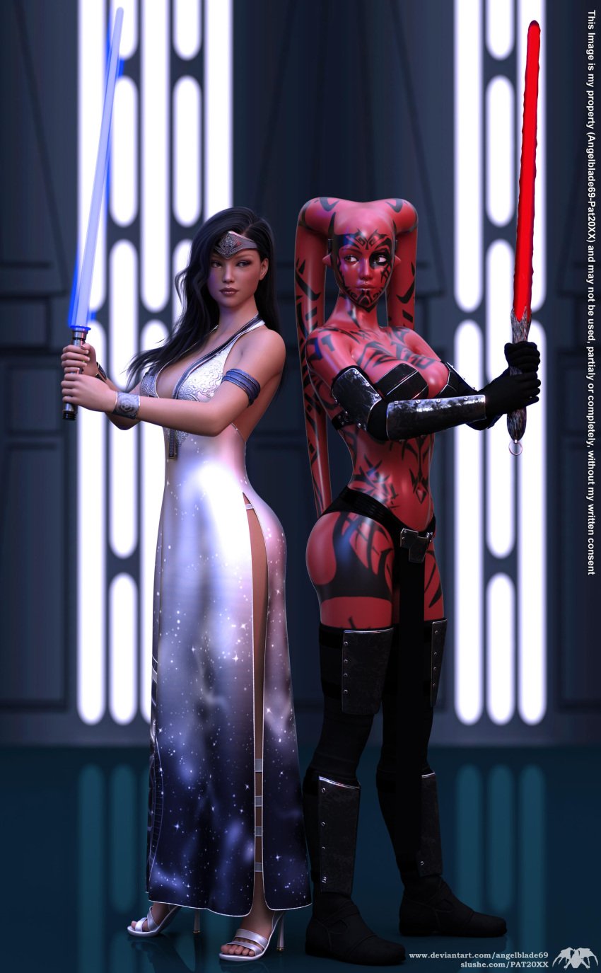 black_hair cleavage darth_talon high_heels jedi large_breasts lightsaber loincloth long_hair original_character red_skin sith star_wars star_wars:_legacy syndori tattoo tiara twi'lek