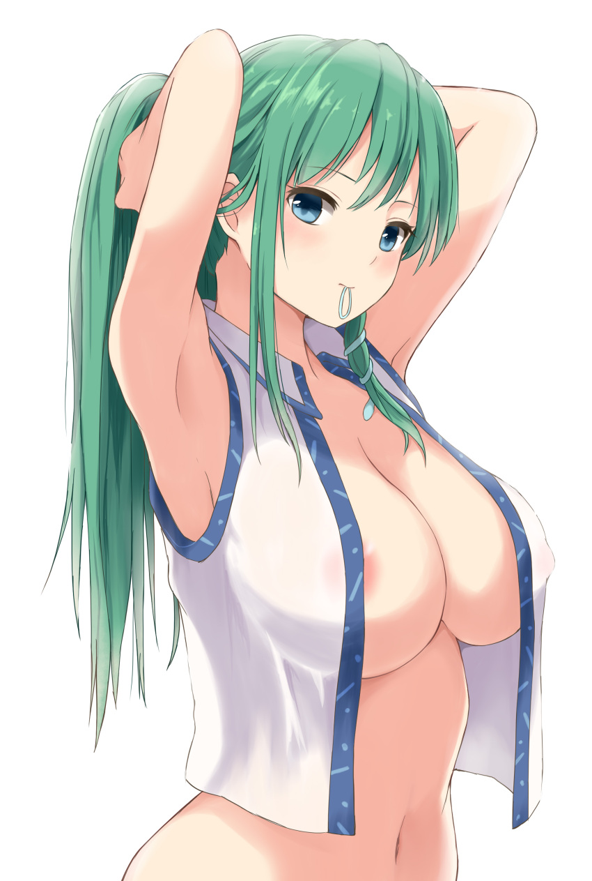 1girls armpits big_breasts blush bottomless female female_focus female_only green_hair human long_hair looking_at_viewer mostly_nude open_clothes partially_clothed sanae_kochiya solo tagme techi_(techi35499) touhou upper_body