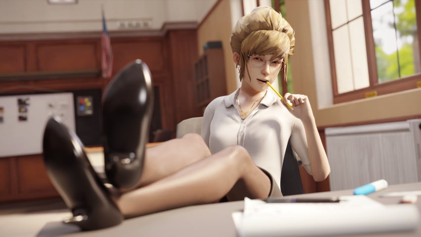 1girls 3d biting_pencil blonde_hair button_down_shirt classroom cross_necklace crossed_ankles feet_on_desk feet_up female female_only fully_clothed glasses high_heels kate_marsh koomer legs_on_desk life_is_strange necklace pale-skinned_female pale_skin pencil possession solo thick_thighs wide_hips