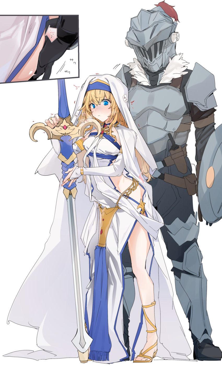 1boy 1girls armor bangs black_gloves blonde_hair blue_eyes blue_hairband blush bridal_gauntlets closed_mouth commentary_request dress faceless_male female fingering full_body gloves goblin_slayer goblin_slayer_(goblin_slayer) hairband helmet highres holding holding_staff legs long_hair male outfit_swap priestess_(goblin_slayer) simple_background staff standing straight sweatdrop sword_maiden_(cosplay) uno_ryoku veil white_background white_dress white_veil