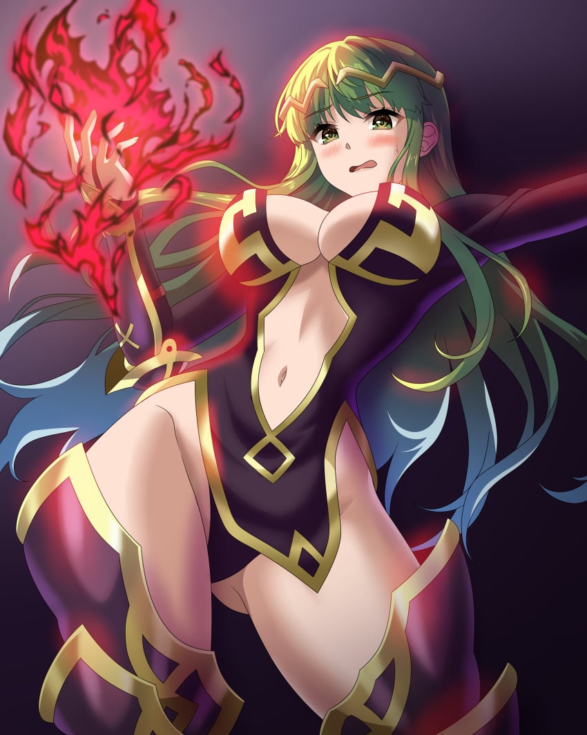 1girls absurdres ass_visible_through_thighs bare_midriff bare_thighs black_background black_panties blush boots breasts center_opening cleavage cowboy_shot dark_aura embarrassed female female_only fire_emblem fire_emblem:_mystery_of_the_emblem fire_emblem:_shadow_dragon_and_the_blade_of_light fire_emblem_echoes:_shadows_of_valentia fire_emblem_gaiden from_below gradient gradient_background green_eyes green_hair harrier_(fire_emblem) highres humiliation inner_thighs large_breasts long_hair looking_at_viewer looking_down magic midriff navel nintendo open_mouth palla_(fire_emblem) panties pelvic_curtain pose purple_background revealing_clothes simple_background sirano solo sweatdrop thick_thighs thigh_boots thighs very_long_hair