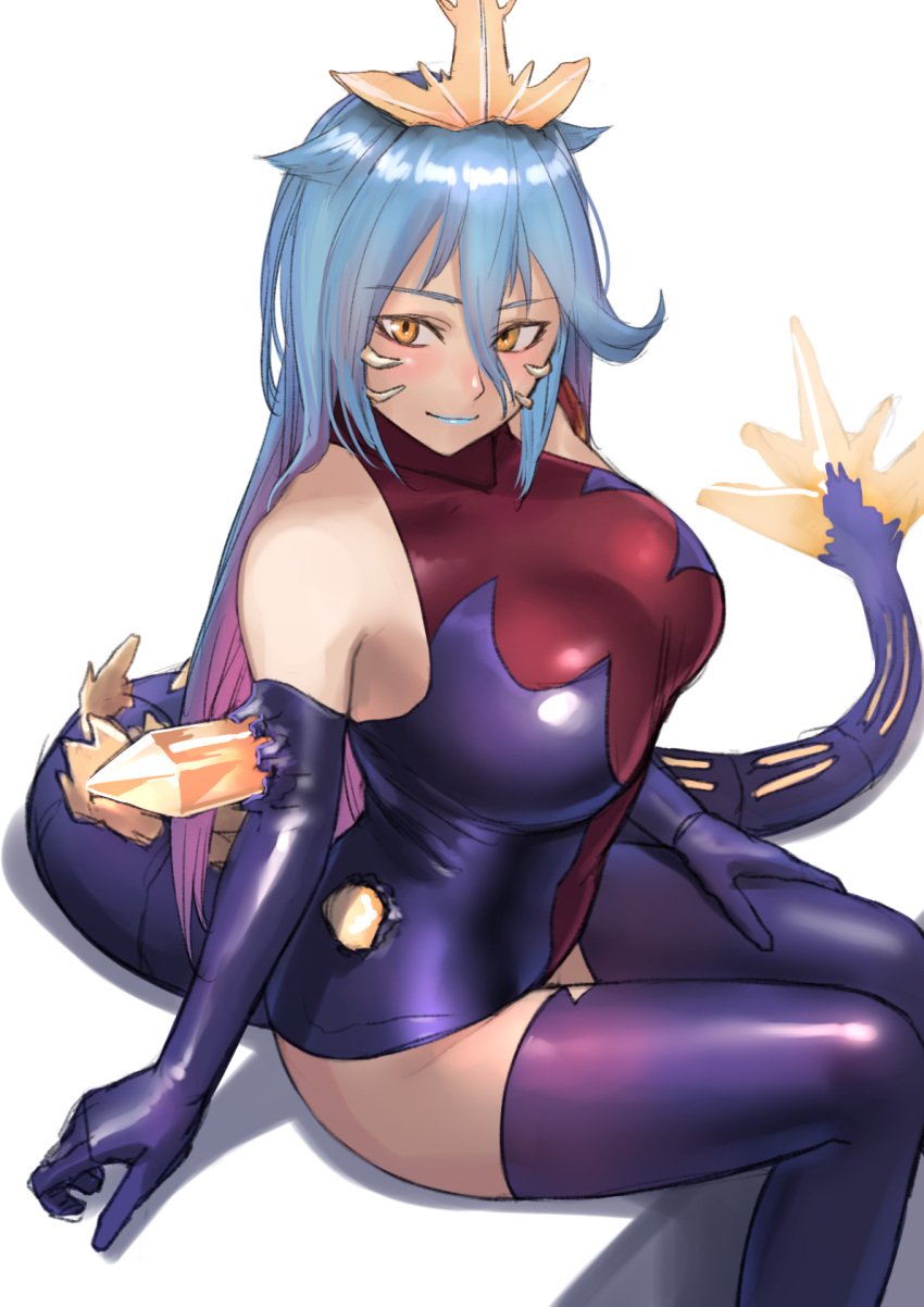 1girls big_breasts blue_hair blue_lipstick gijinka godzilla_(series) kaiju_girl kinori_sub4421 monster_girl solo solo_female spacegodzilla tagme tail tight_clothing yellow_eyes