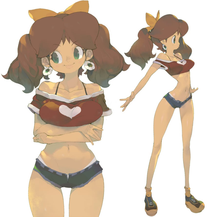 1girls 2012 bare_legs bare_shoulders bow bra bra_strap breast_hold breasts brown_hair casual clothed clothing crop_top crossed_arms denim denim_shorts earrings female female_only flower flower_earrings full_body green_eyes hair_ribbon heart highres hotpants jewelry koki looking_to_the_side mario_(series) medium_breasts multiple_views navel nintendo princess_daisy red_shirt ribbon shirt shoes short_shorts short_twintails shorts simple_background slim_waist smile solo standing strapless thighs tied_hair twintails underboob white_background