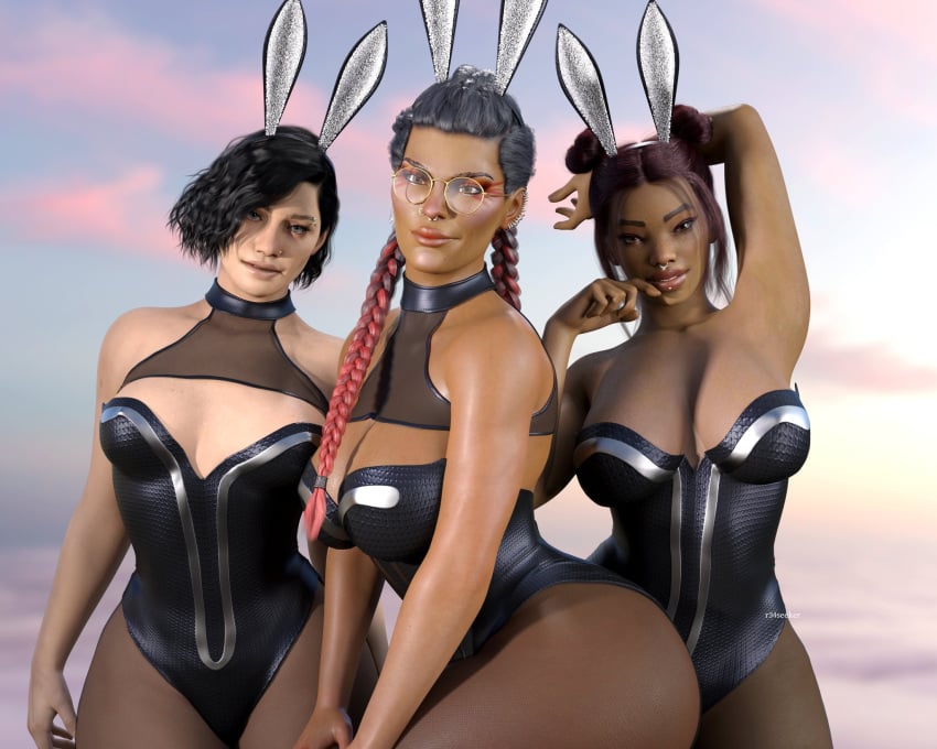 3d 3girls apex_legends big_breasts black_hair braided_hair bunny_ears bunnysuit dark-skinned_female easter glasses lifeline_(apex_legends) lip_piercing loba loba_(apex_legends) loba_andrade looking_at_viewer nose_piercing pale-skinned_female r34seeker red_hair respawn_entertainment short_hair tagme two_tone_hair wraith_(apex_legends)